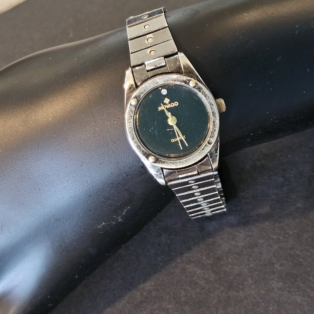 VTG Womens Movado Museum Wristwatch Black S/S Watch Gold Dots RARE Needs Battery